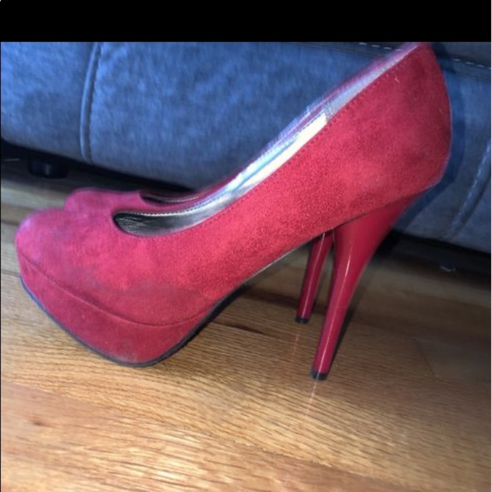 Red suade heels, size 7.5